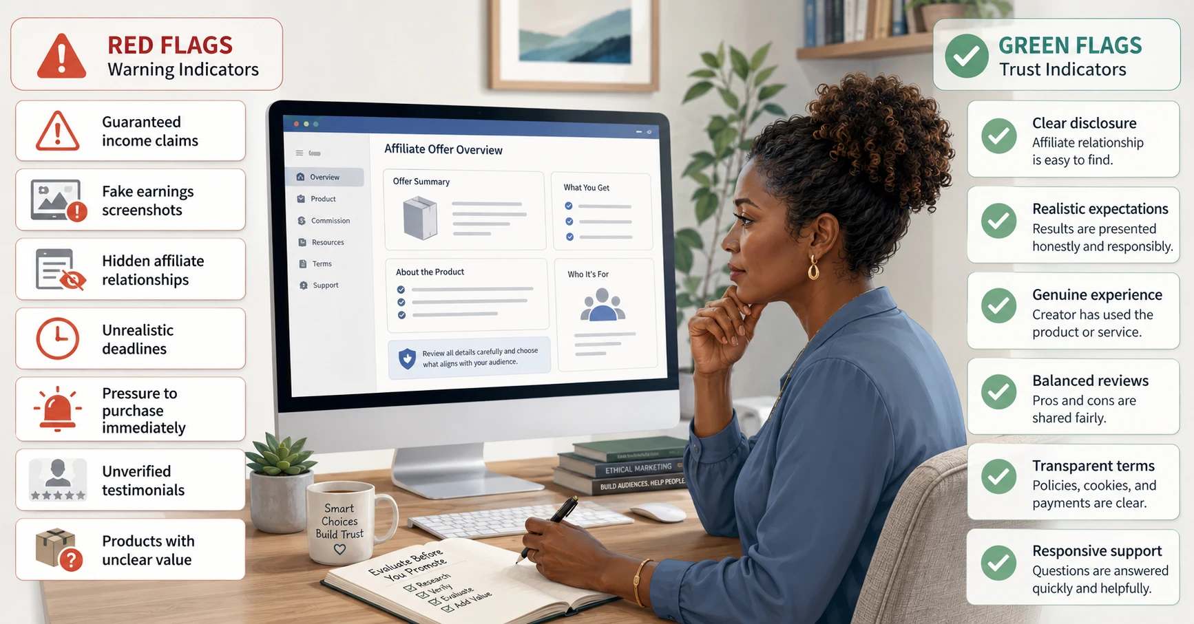 Affiliate marketing red flags including hidden disclosures, fake results and high-pressure promises