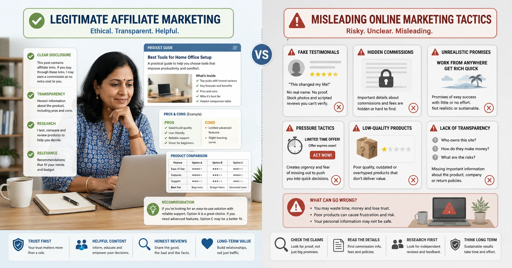 Comparison of legitimate affiliate marketing practices and misleading affiliate scam tactics