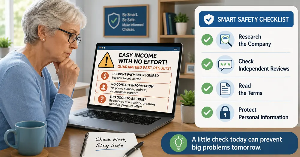 Older adult checking warning signs before accepting an online work opportunity.