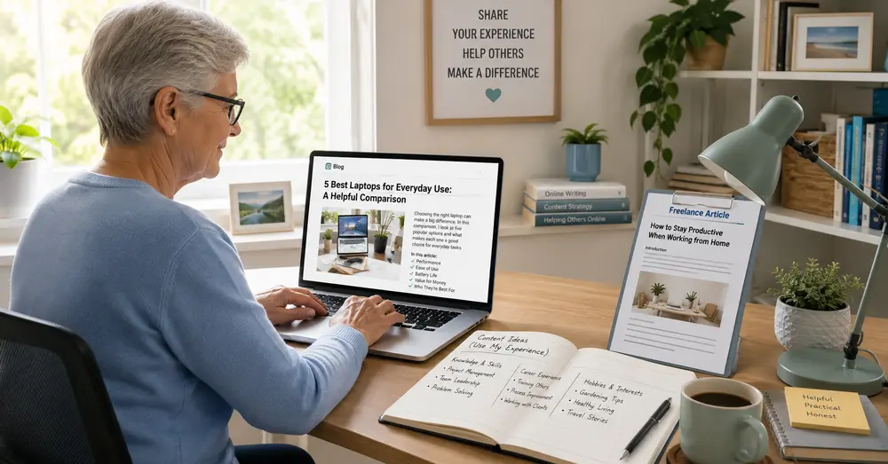Older adult using personal experience for blogging and freelance writing from home.