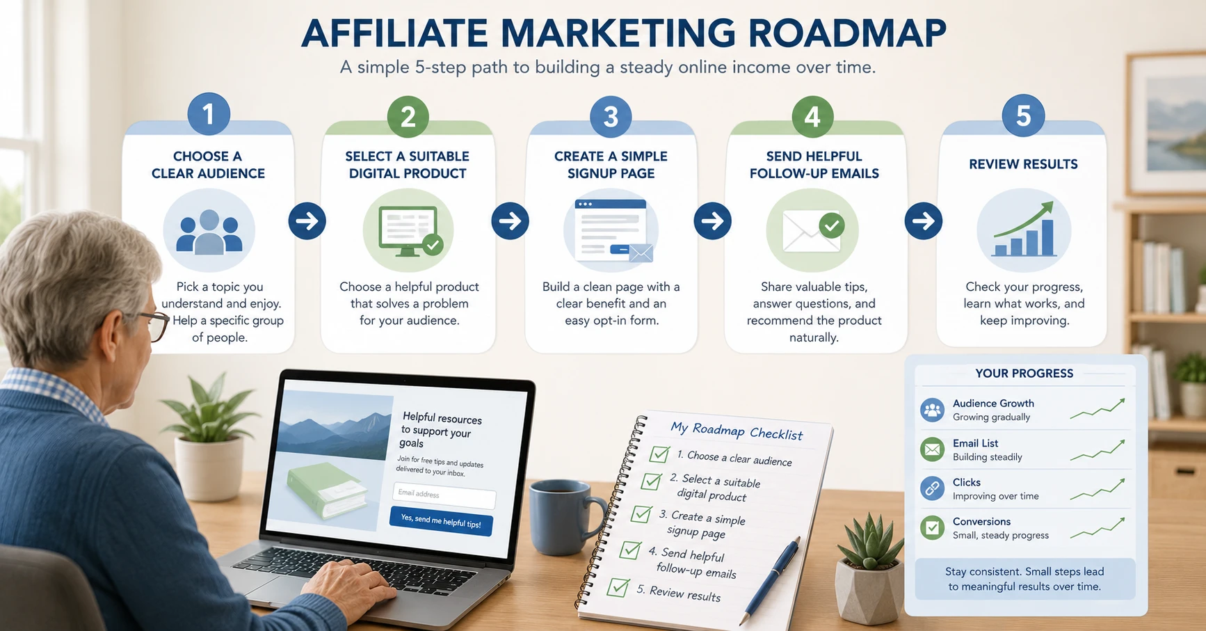 Beginner ClickBank affiliate marketing roadmap covering product selection, list building, email follow-up and review.