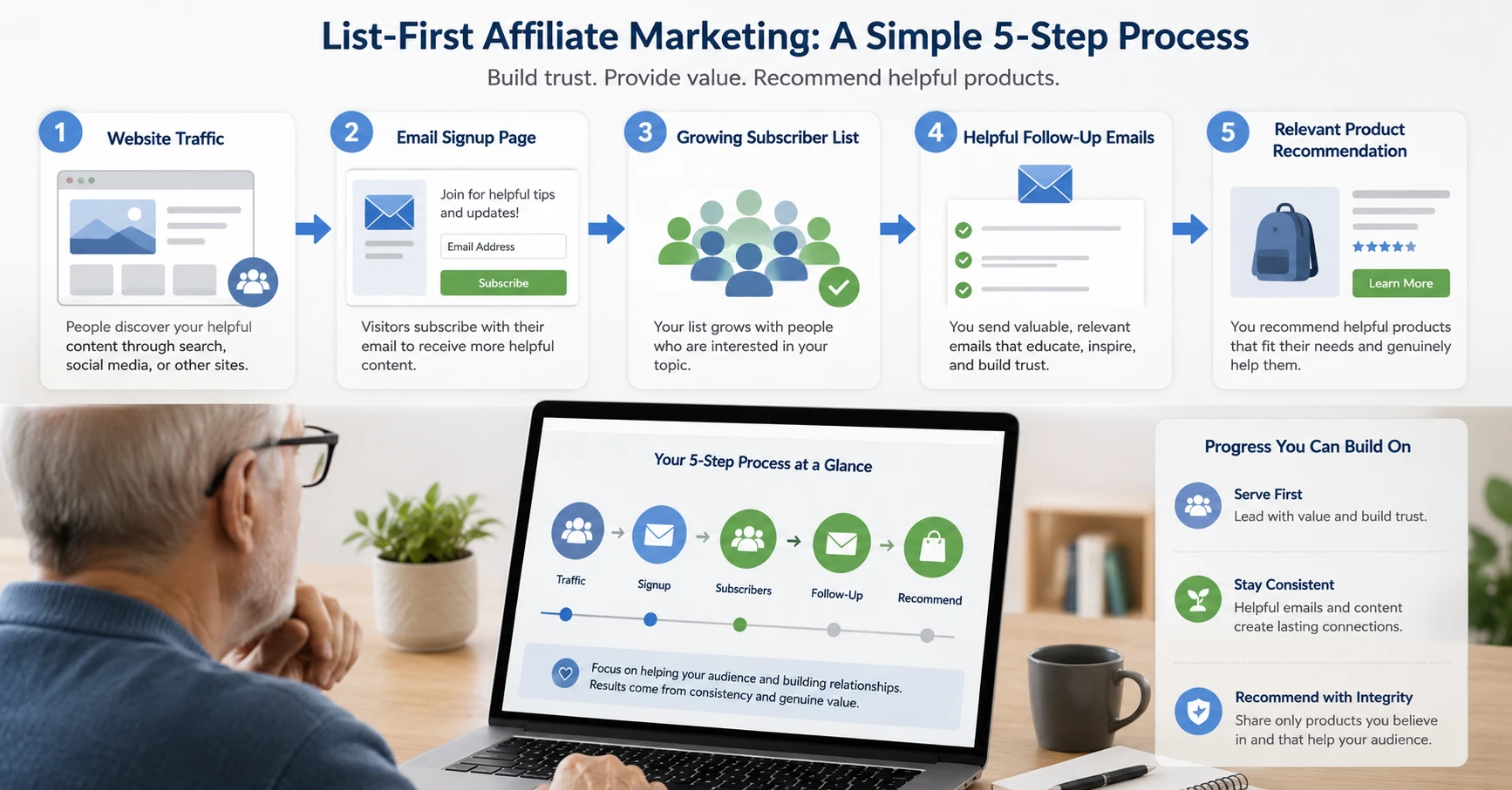 ClickBank Profit Club list-first model showing traffic, email signup, follow-up and an affiliate recommendation.
