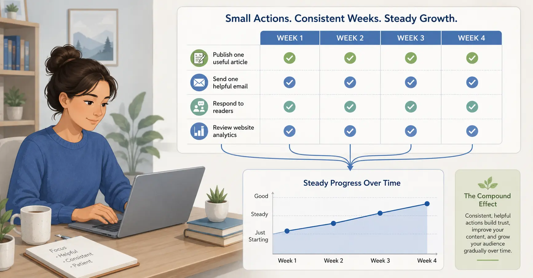 Consistent weekly actions gradually growing an online business