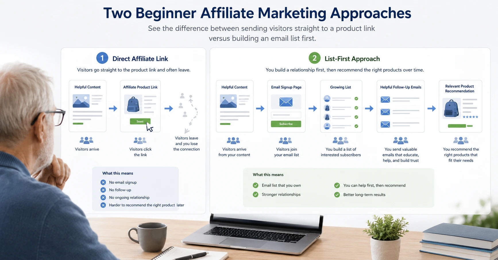 Comparison of sending visitors directly to affiliate offers versus building an email list for follow-up.