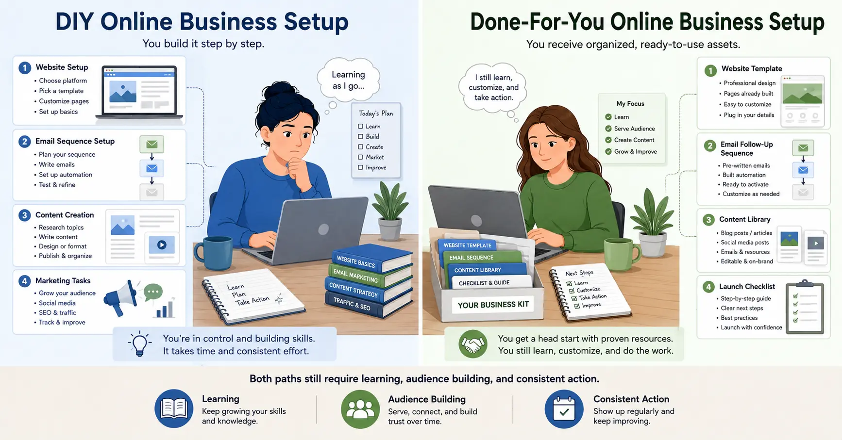 Comparison between DIY and done-for-you online business setup options