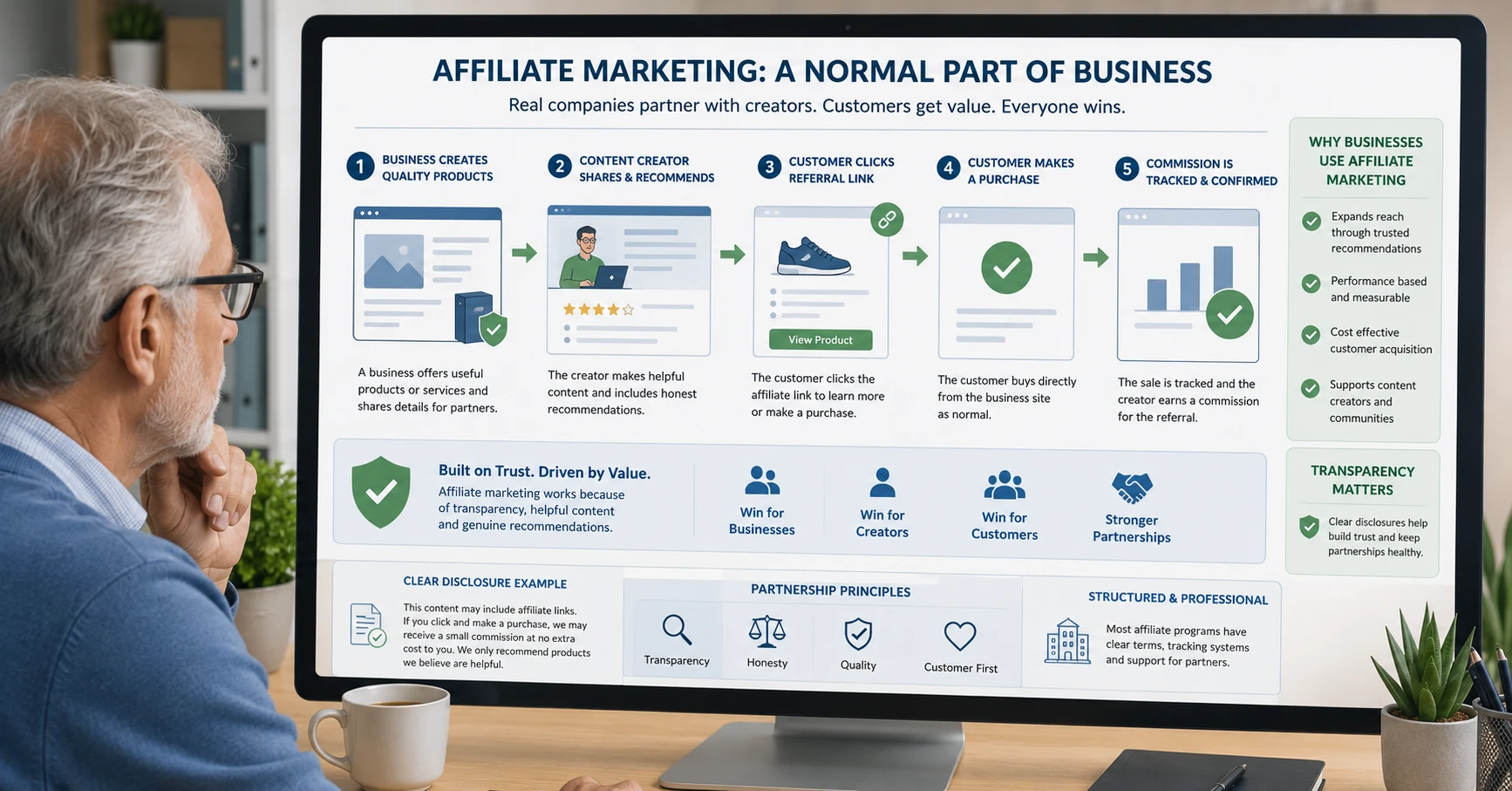 Illustration showing established businesses using affiliate marketing through partnerships, referrals and tracked recommendations