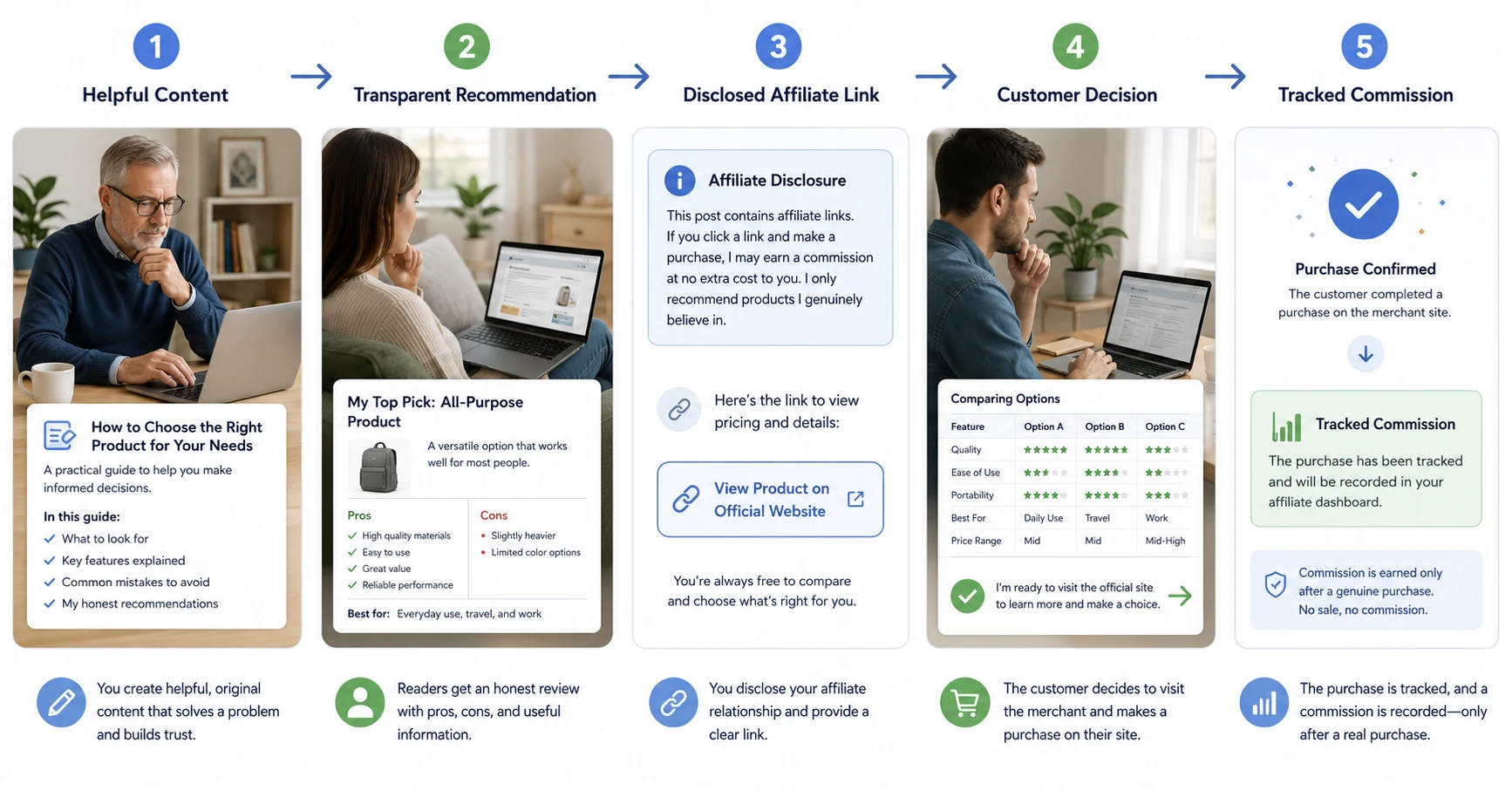 Legitimate affiliate marketing process from helpful content to disclosed recommendation and commission