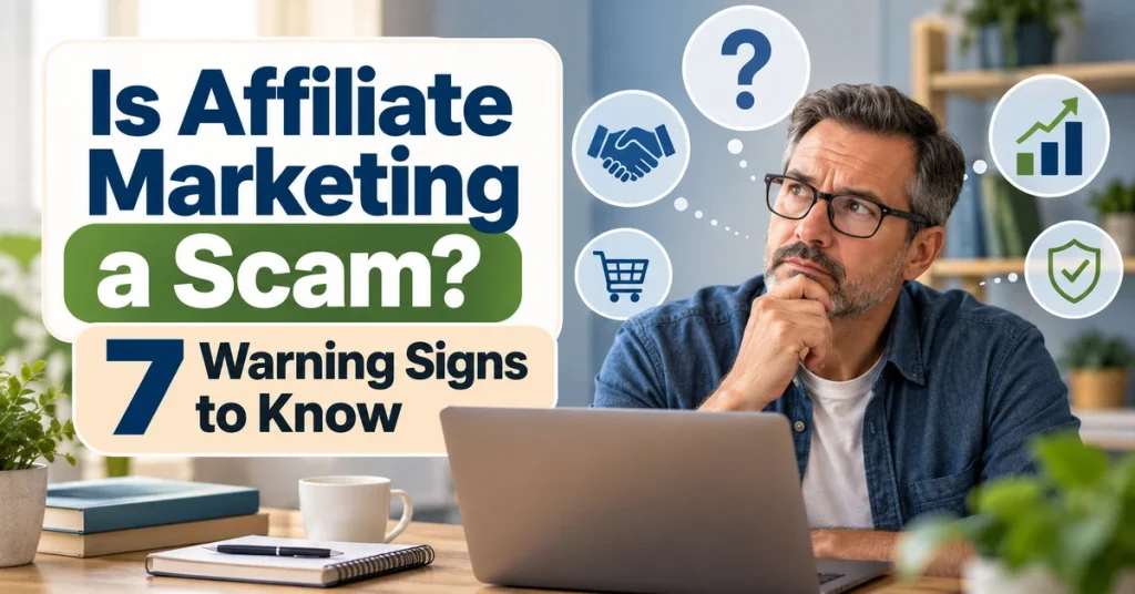 Is affiliate marketing a scam? Thoughtful man reviewing an affiliate offer with symbols representing trust, results and warning signs.