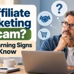 Is affiliate marketing a scam? Thoughtful man reviewing an affiliate offer with symbols representing trust, results and warning signs.