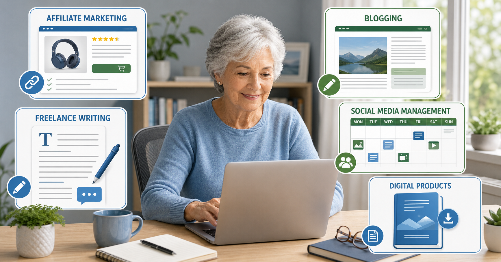 Five online income ideas for seniors, including blogging, freelancing and digital products.