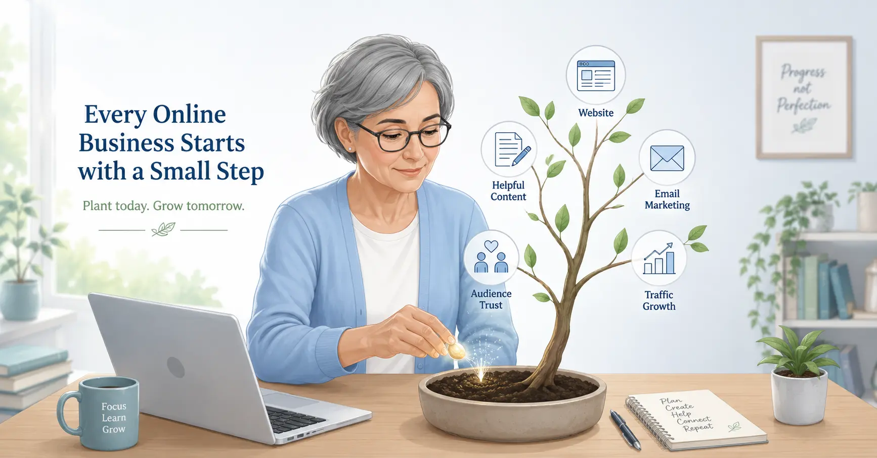 A beginner planting a digital seed that grows into an online business