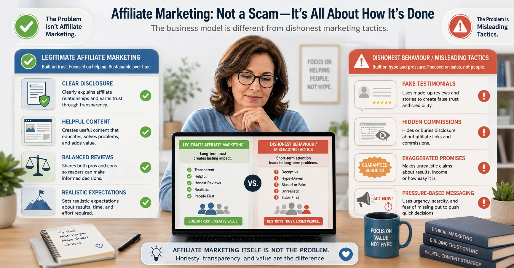 Person exploring what people mean when they say affiliate marketing is a scam and comparing honest marketing with misleading tactics