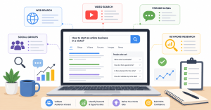 how to choose an online business niche, researching audience demand using search questions and keyword ideas.