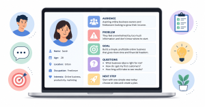 Defining an online business audience with customer profile, problems, goals, and questions.