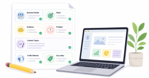 One-page online business plan with business model, niche, audience, content, traffic, and offer sections.