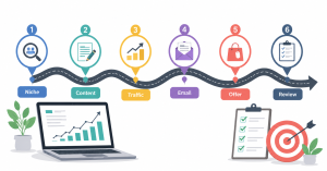 Simple online business roadmap showing niche, content, traffic, email, offer, and review steps.