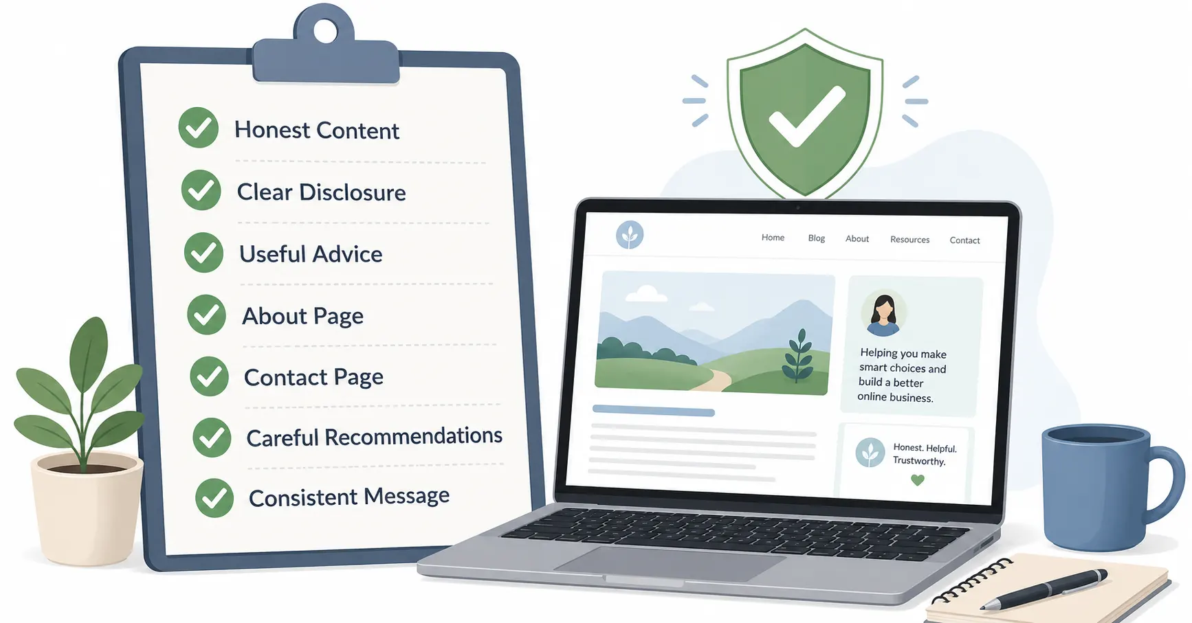 Online business trust checklist with honest content, disclosure, about page, contact page, and careful recommendations.