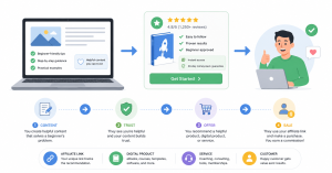Simple online business offer showing content, trust, recommendation, and sale.