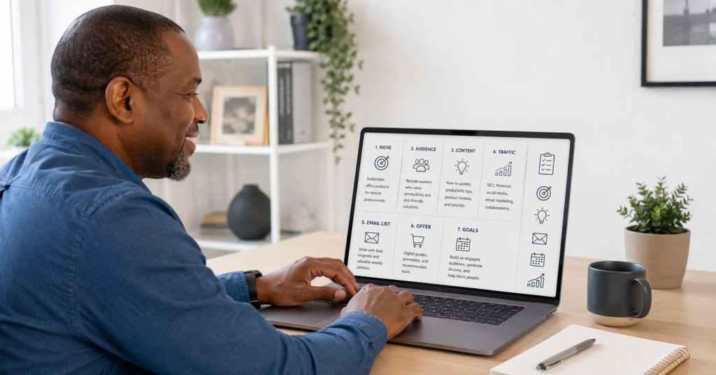 Simple online business plan for beginners showing niche, audience, content, traffic, email, offer, and goals.