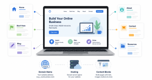 Simple website setup with homepage, blog, about page, contact page, domain, and hosting.