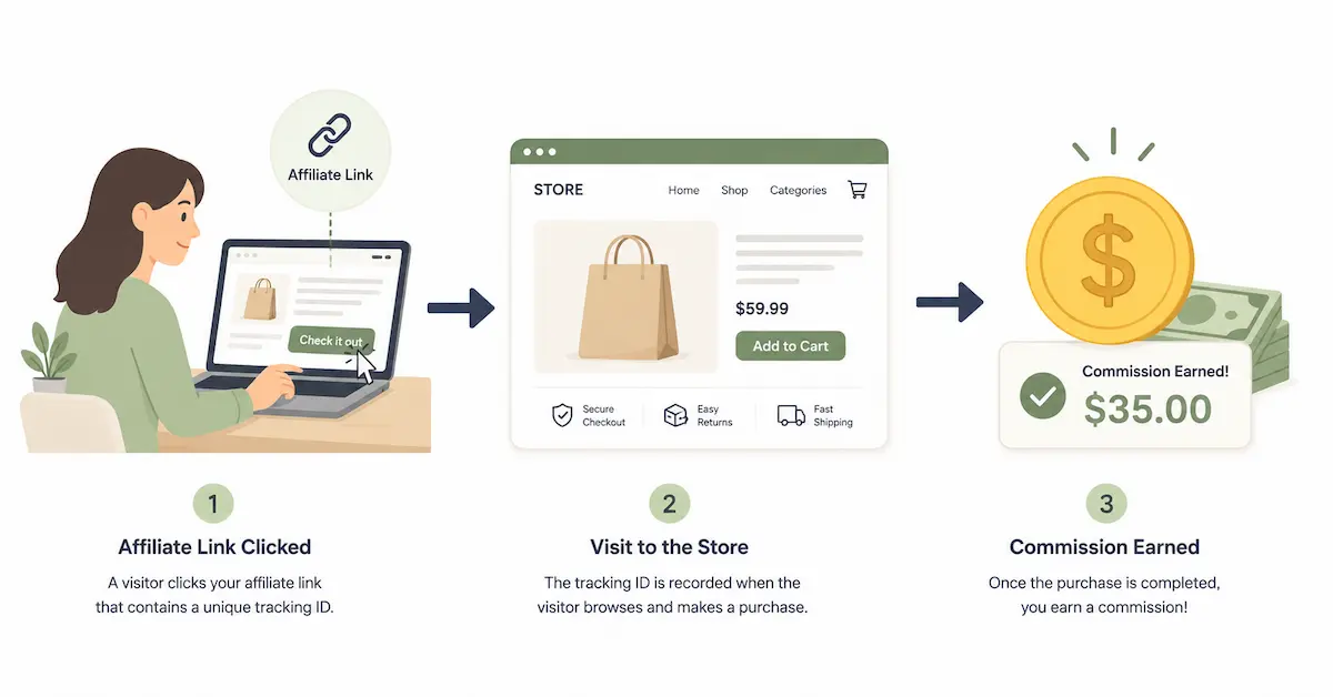 Affiliate link tracking showing a customer click leading to a commission