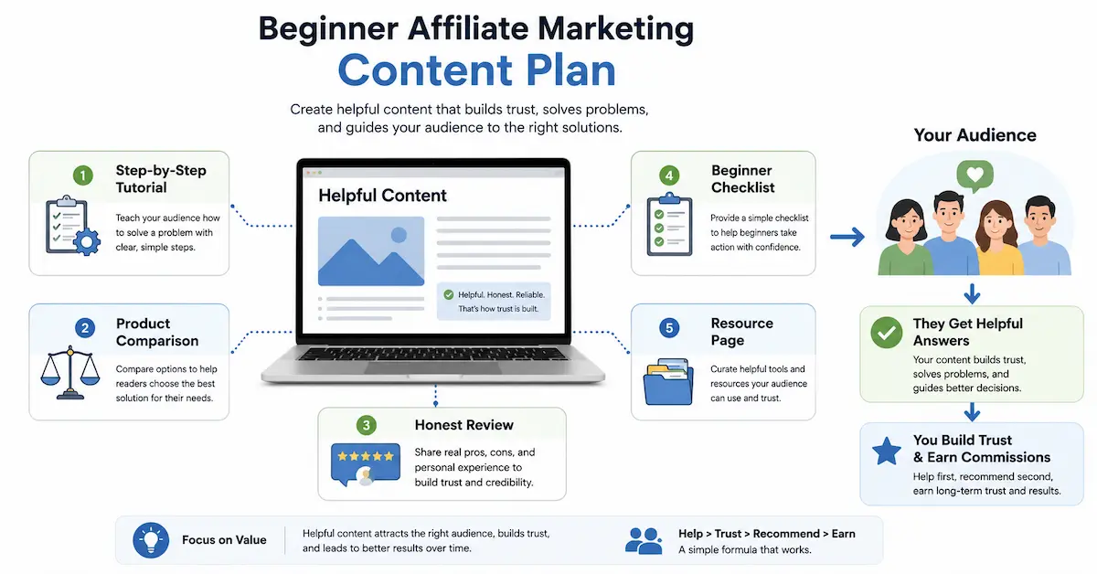 Affiliate marketing content plan with tutorials, comparisons, reviews and checklists