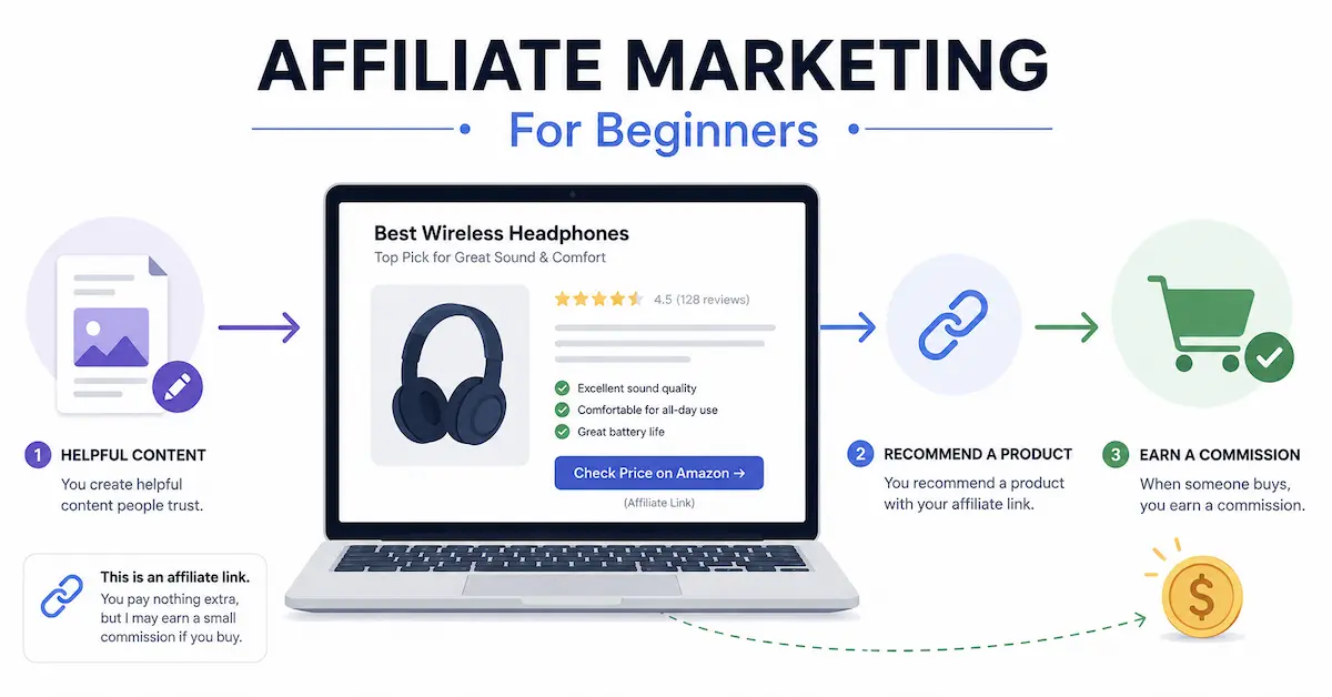 Affiliate marketing for beginners showing content, product recommendation, and commission.