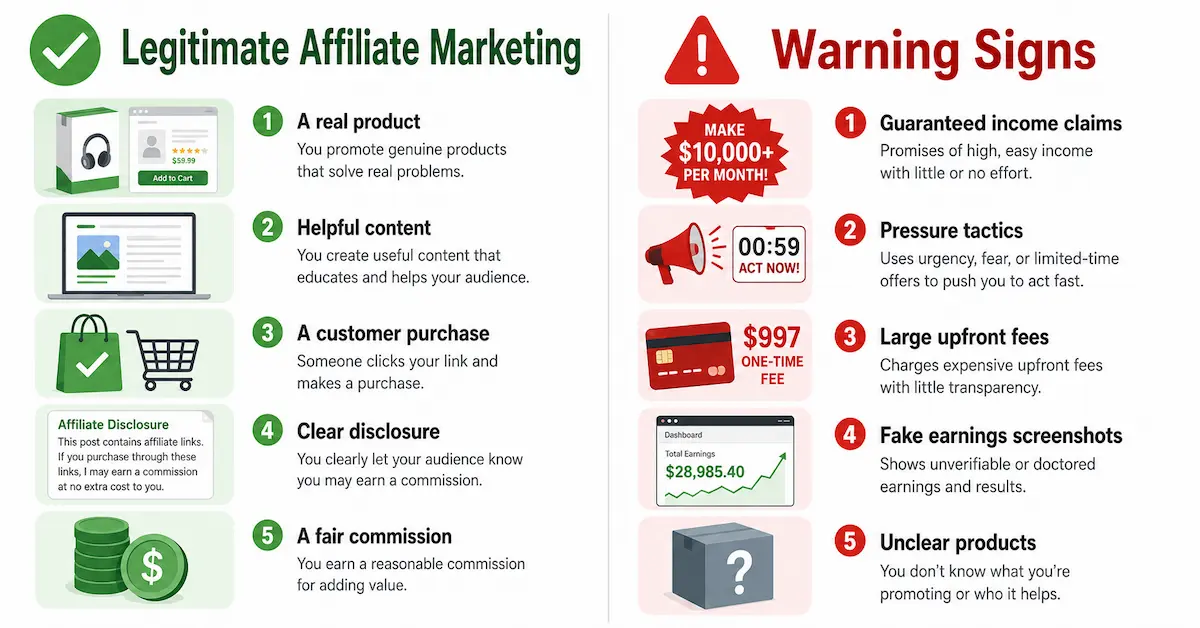 Comparison of legitimate affiliate marketing and affiliate scams