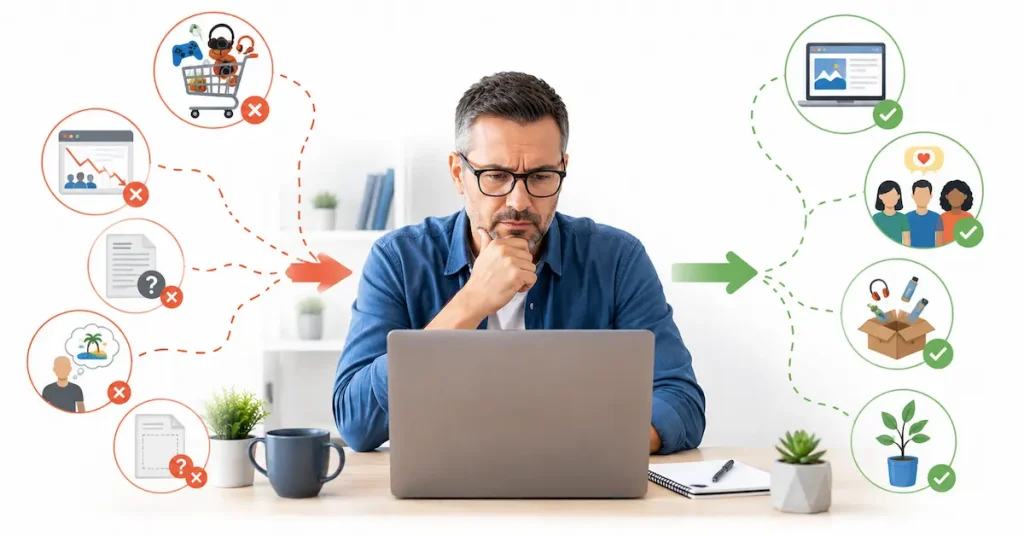 Beginner reviewing common affiliate marketing mistakes on a laptop.