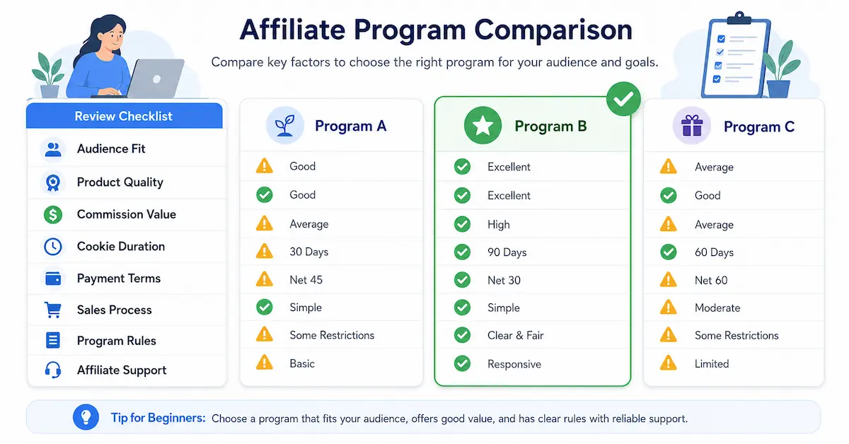 Beginner comparing affiliate programs using a simple eight-point checklist.