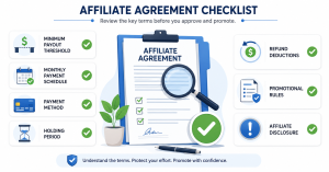 Checklist showing affiliate payout threshold, schedule, payment method, holding period and program rules.