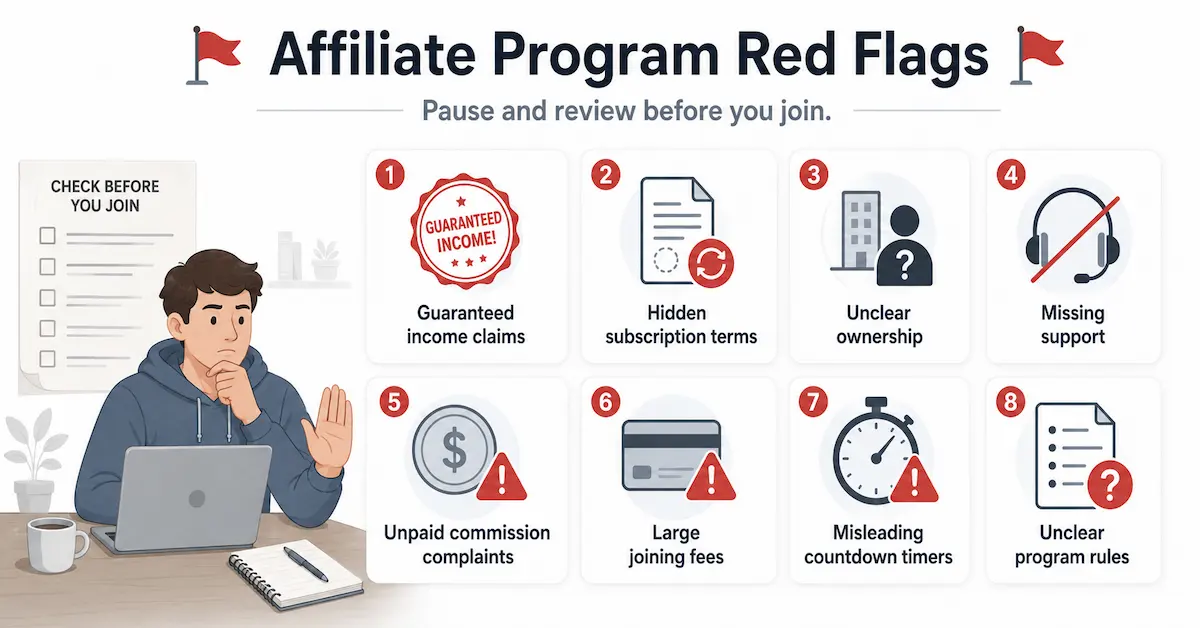 Warning signs of an unreliable affiliate program including hidden terms and unpaid commissions.