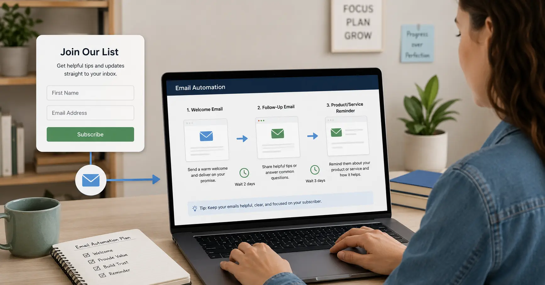 Automated email sequence for a small business showing welcome email, follow-up messages and a simple customer journey.
