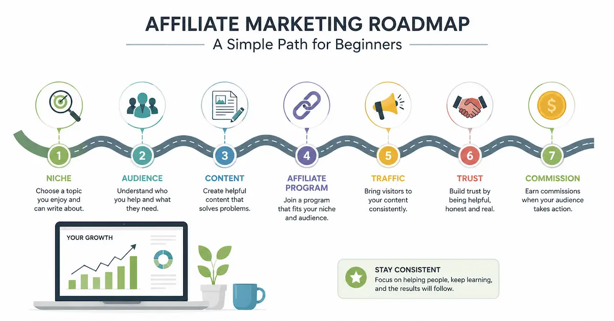 Beginner affiliate marketing roadmap from niche to content to commission