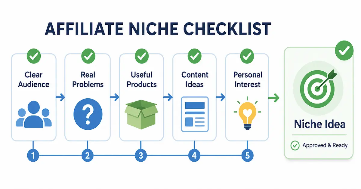 Beginner affiliate niche checklist covering audience, problems, products and content