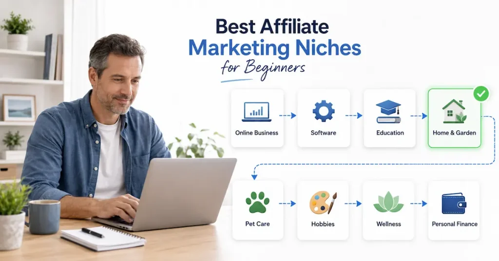 Best affiliate marketing niches for beginners displayed around a laptop