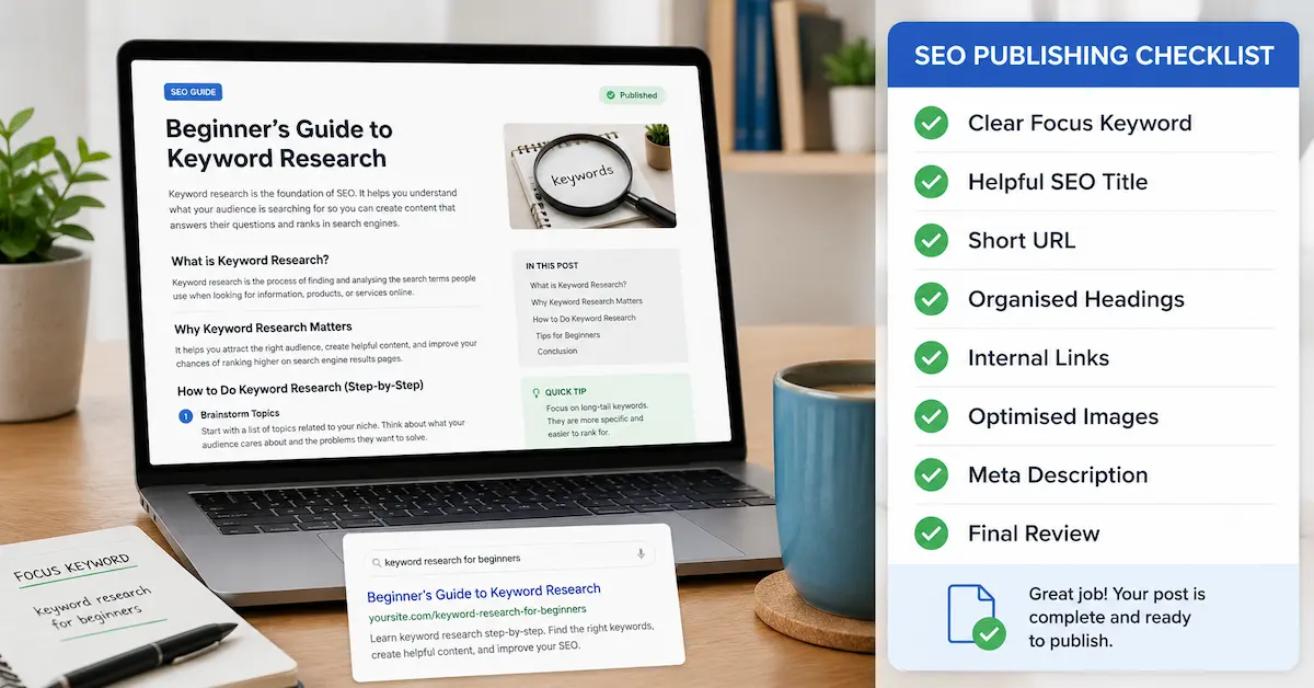SEO publishing checklist covering keyword, title, headings, links and images