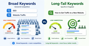 Comparison between broad keywords and specific long-tail keywords