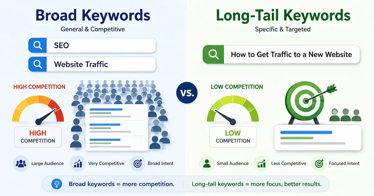 Comparison between broad keywords and specific long-tail keywords