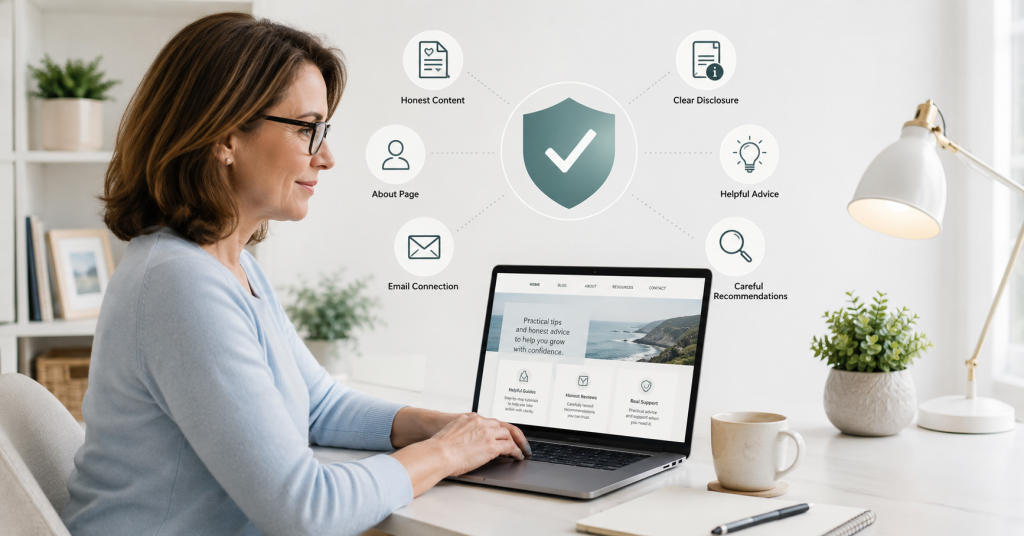 Beginner online business trust-building with helpful content, disclosure, email, and careful recommendations.