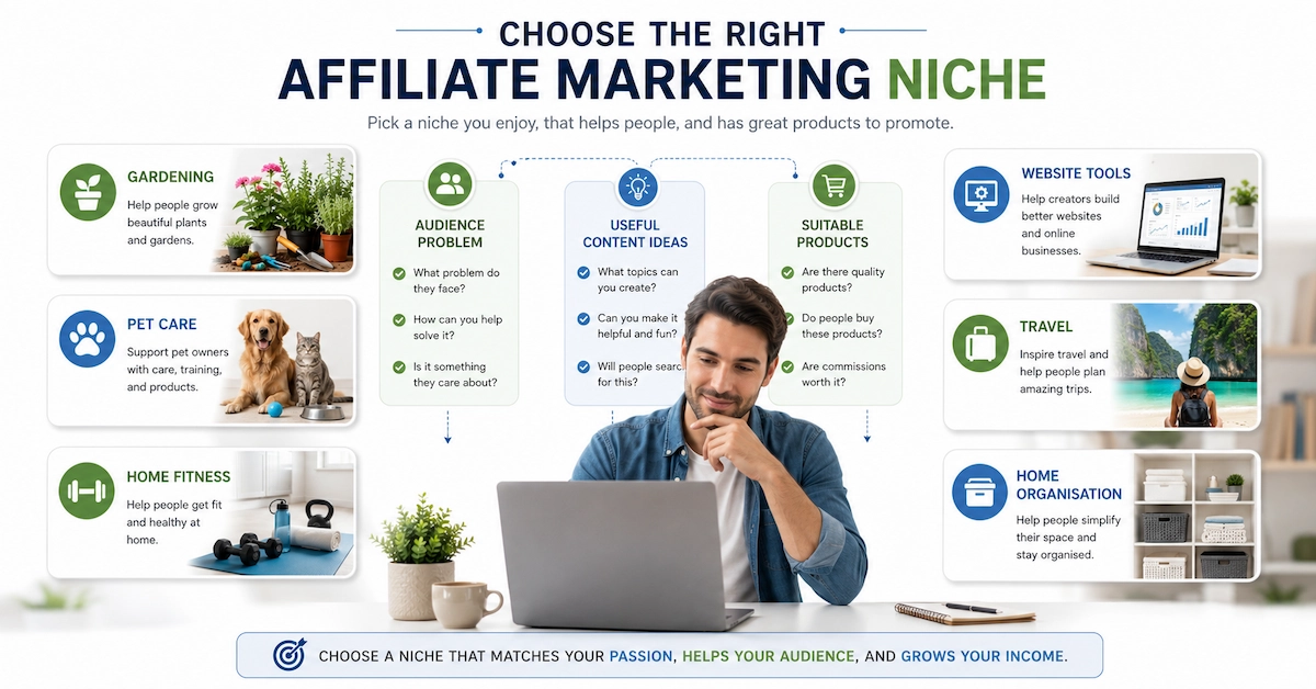 Beginner choosing an affiliate marketing niche based on audience problems and products
