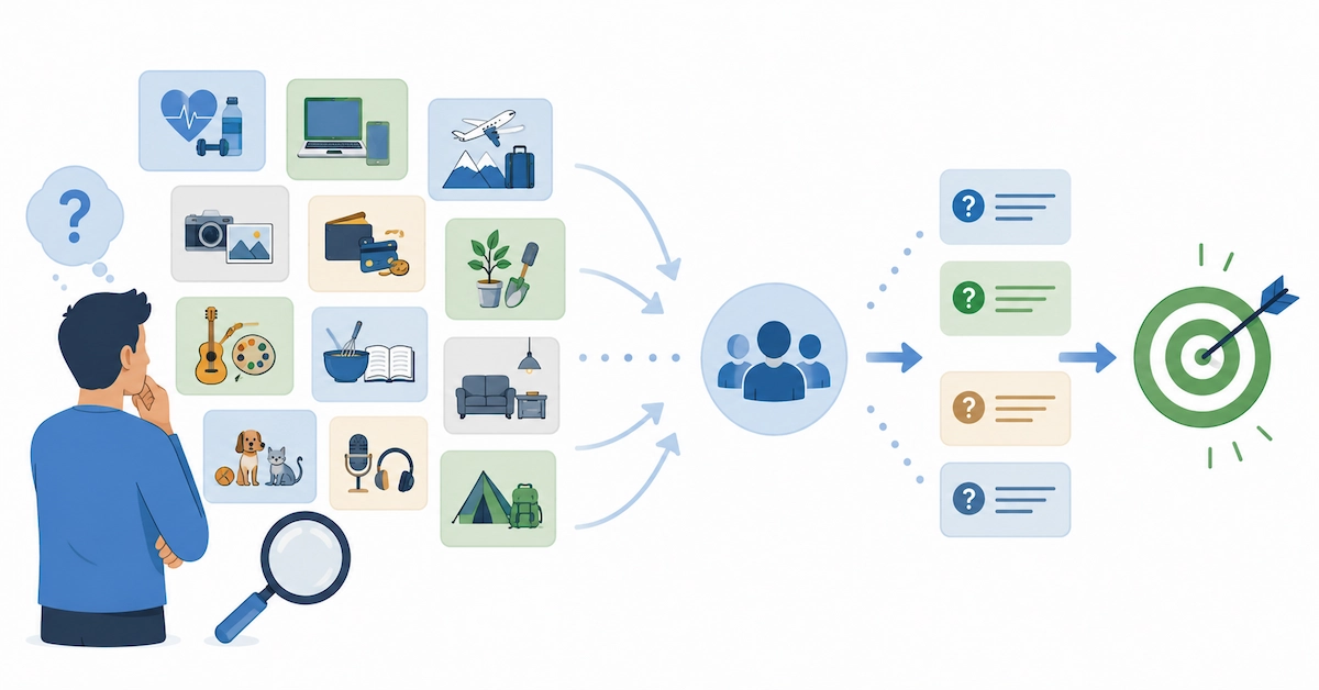 Broad affiliate marketing topics narrowing into one focused niche.