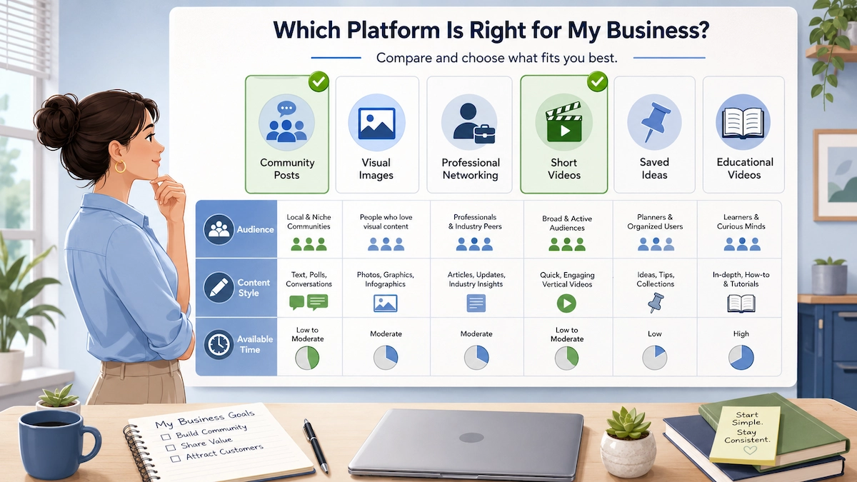 Small-business owner comparing social media platforms by audience, content style and available time.