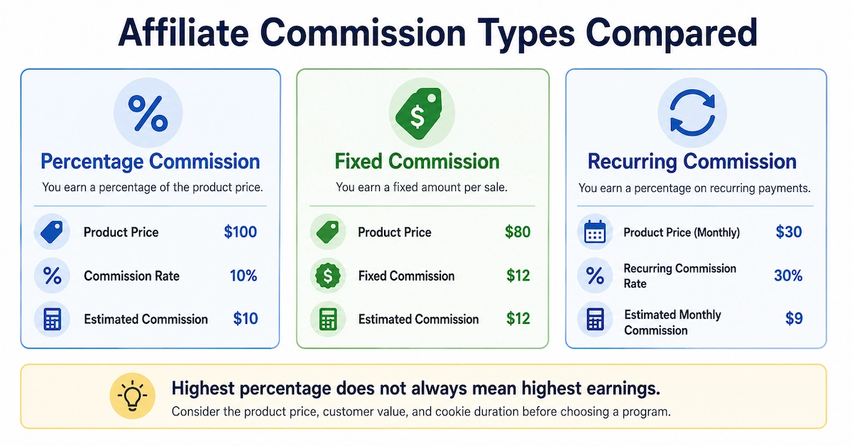 Comparison of percentage, fixed and recurring affiliate commission structures.