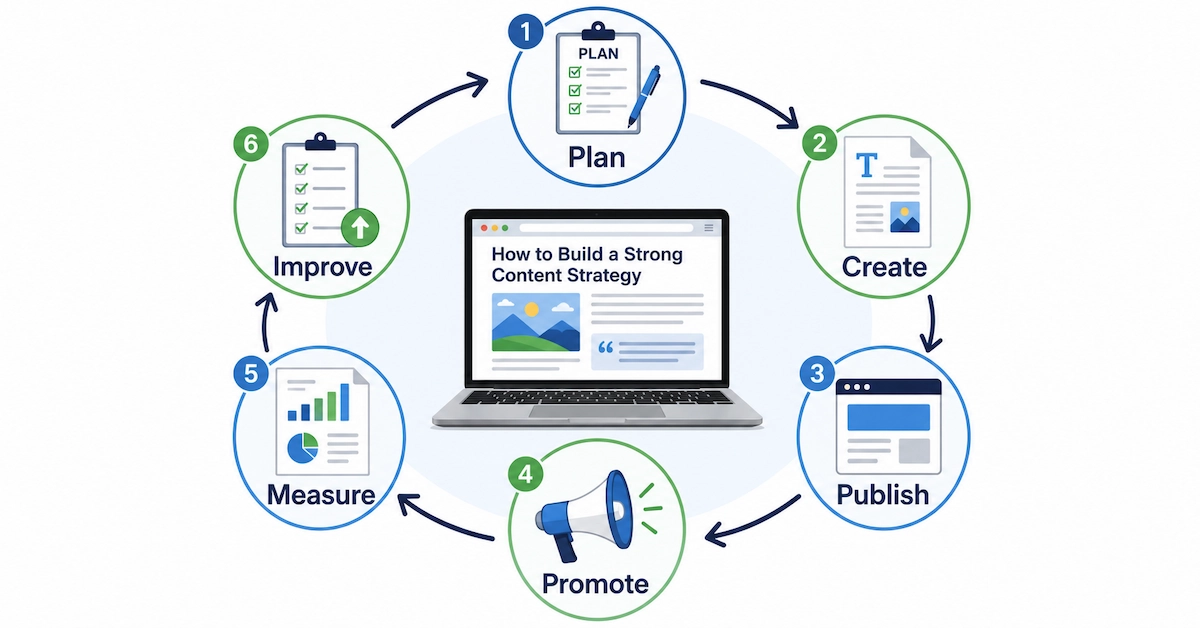 Content marketing cycle showing planning, creating, publishing, promoting, measuring and improving.
