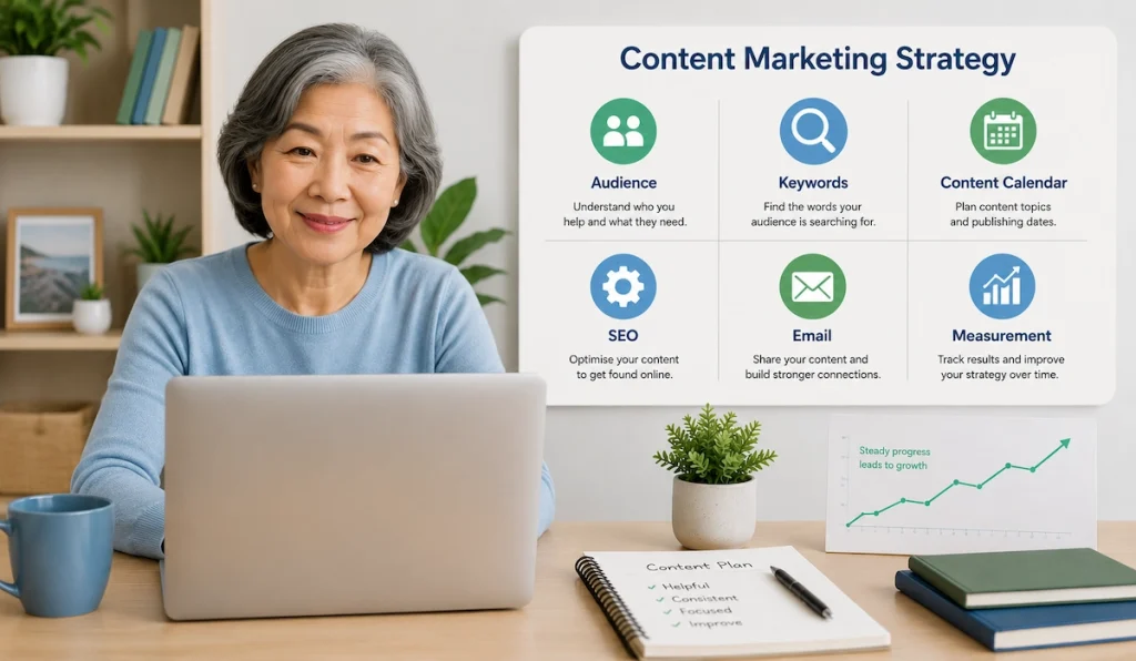 Content marketing strategy guide showing a content plan, calendar, keywords and website growth.