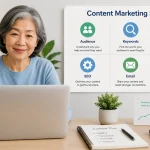 Content marketing strategy guide showing a content plan, calendar, keywords and website growth.