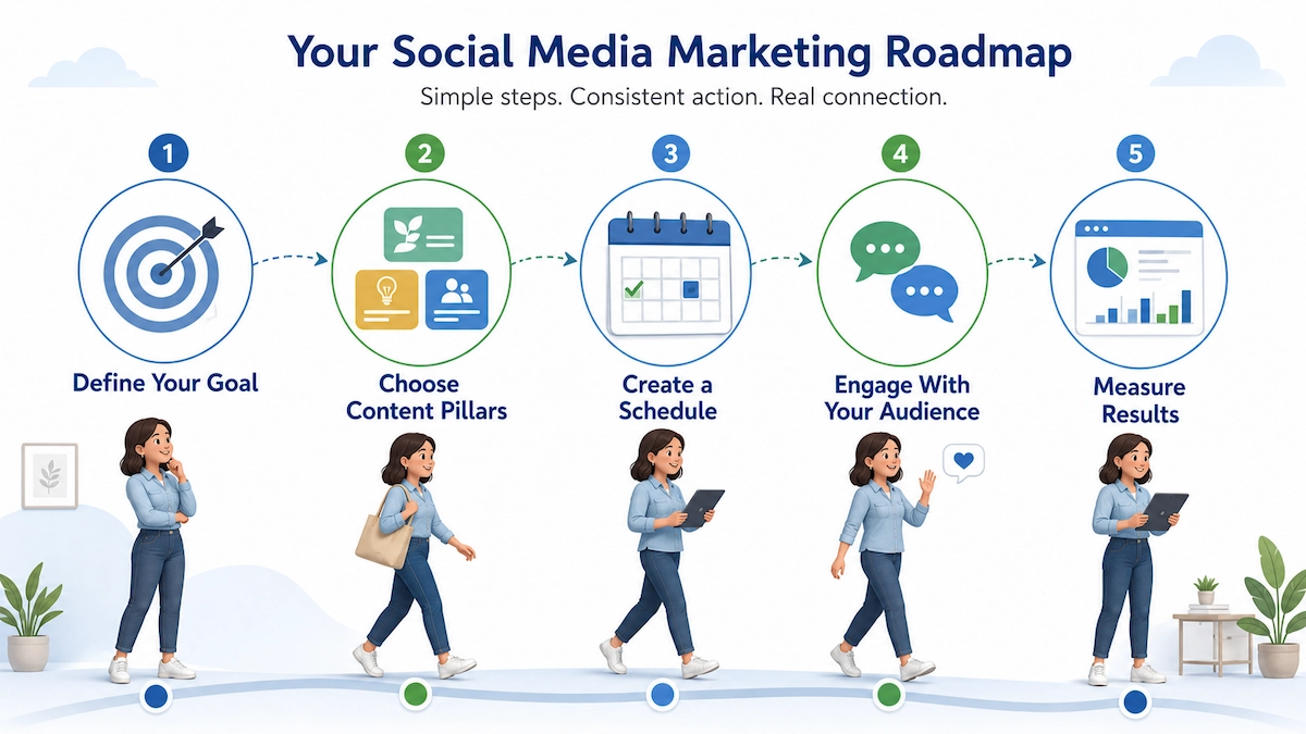 Five-step beginner social media marketing strategy from setting goals to measuring results.