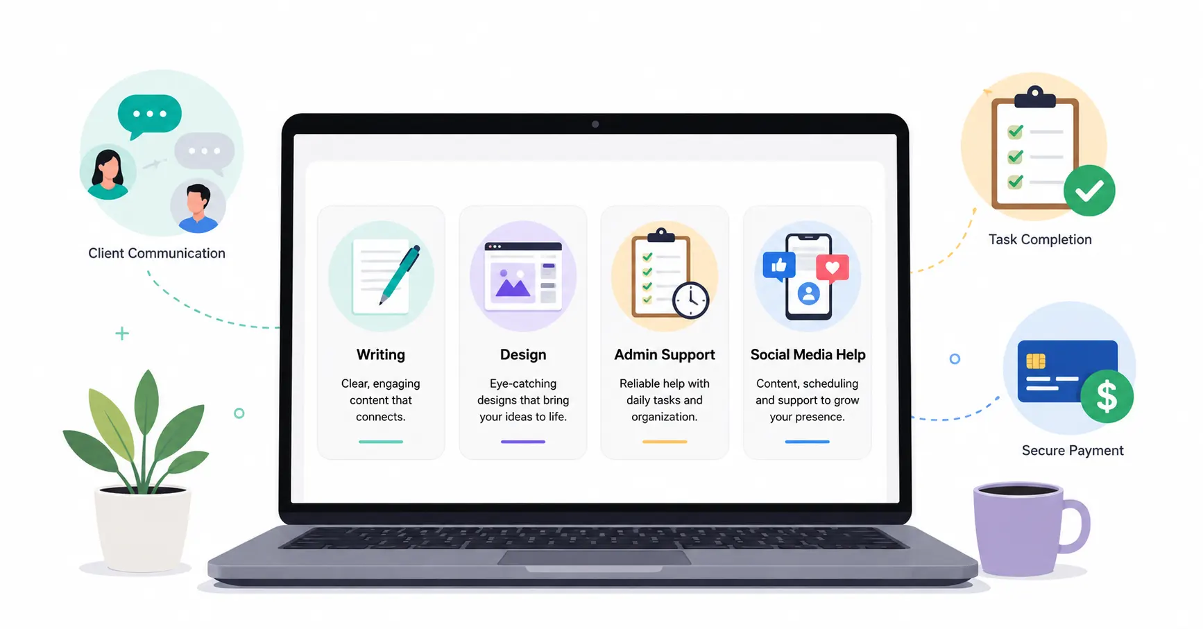 Freelance services for beginners including writing, design, admin support, and social media help.