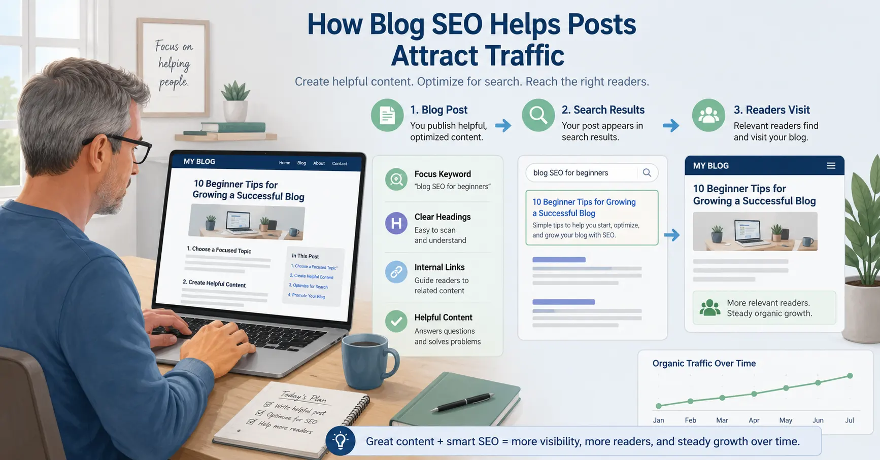 Beginner blogger using blog SEO to attract organic search traffic